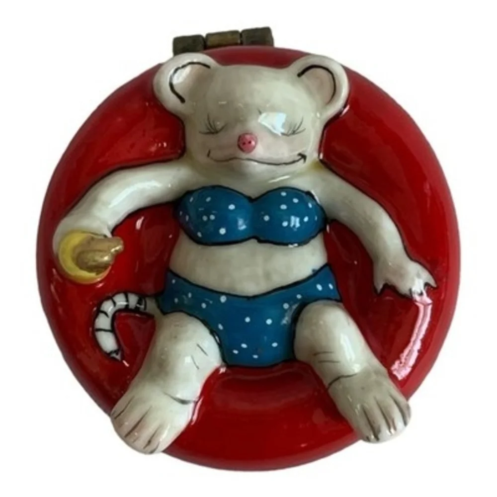 Vintage Bikini Mouse Girl Porcelain Trinket Box Metal Closure Jewelry Pill Box